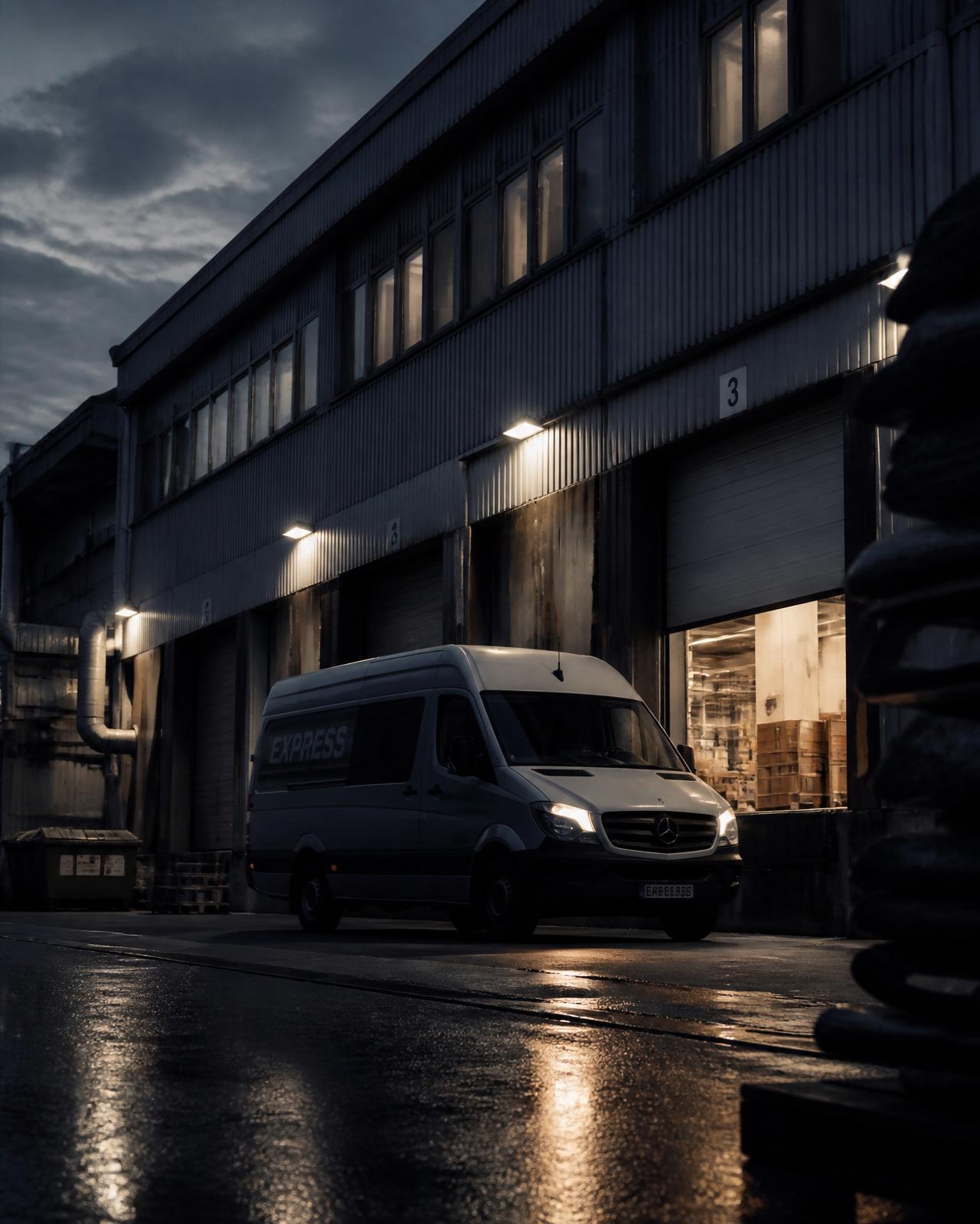Delivery van at an urban loading dock at dusk