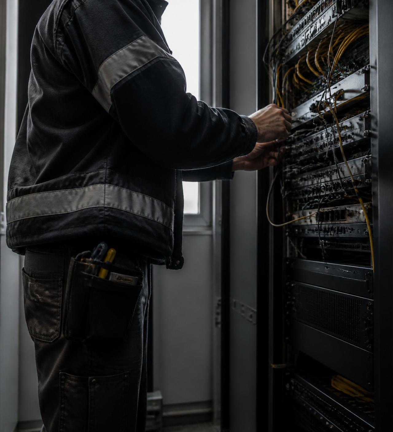 Field technician working on network equipment